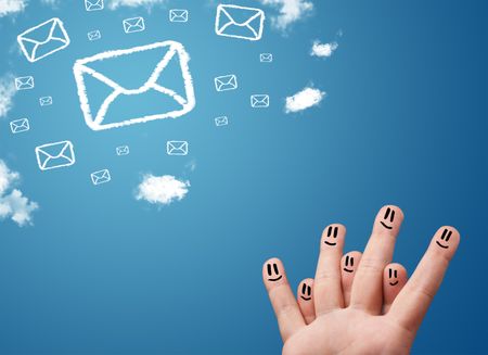 Happy cheerful smiley fingers looking at mail icons made out of clouds