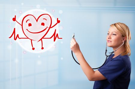 Attractive young doctor with happy red smiling heart