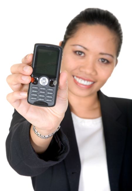 asian business woman showing mobile phone over a white background