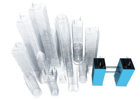 three dimensional blue print of corporate buildings with one solid building in the corner showing to sample the colours and texture of the plans