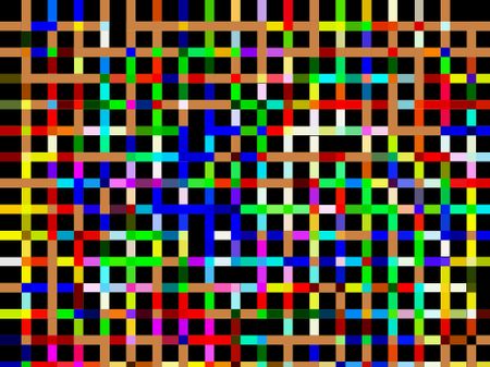 Multicolored grid of crisscrossing stripes on black