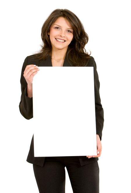 business woman holding a banner add isolated over a white background