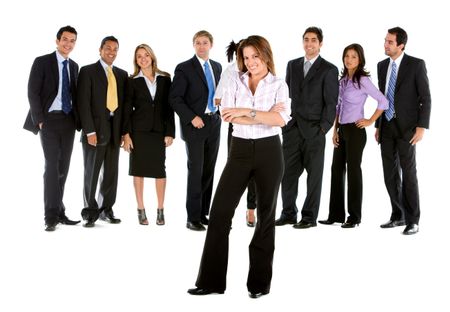 business woman leading her team isolated over a white background
