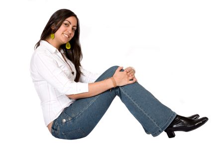 female portrait - sitting on the floor over a white background
