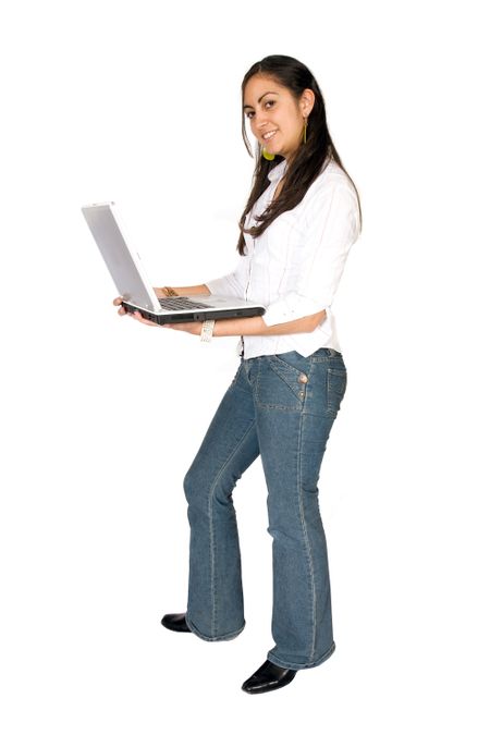 girl standing with a laptop over a white background
