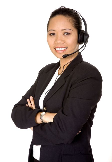 beautiful asian customer service woman over a white background