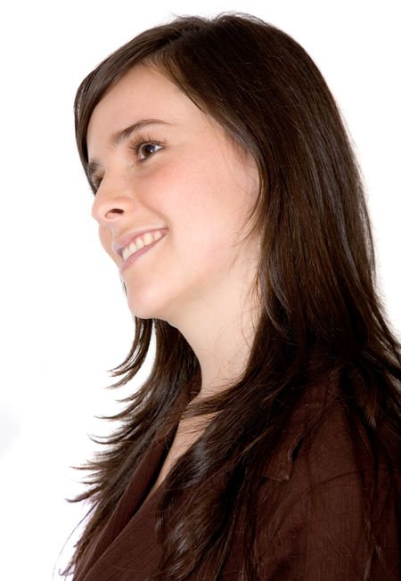 beautiful girl pensive with a happy face over a white background