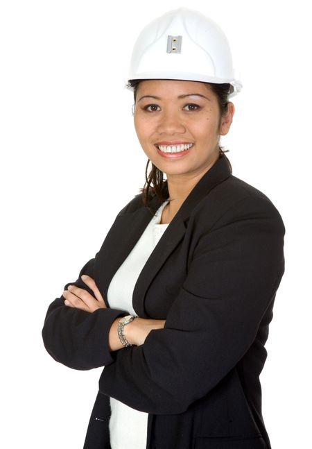 asian business female architect with a smile on her face over a white background