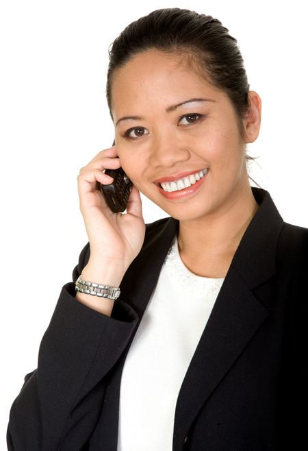 asian woman on the phone over a white background
