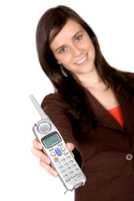girl showing a phone over a white background