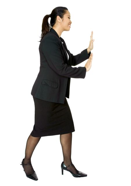 asian business woman pushing something aside over a white background