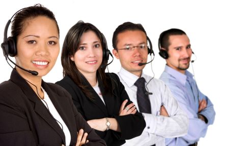customer service team led by an asian business woman over a white background