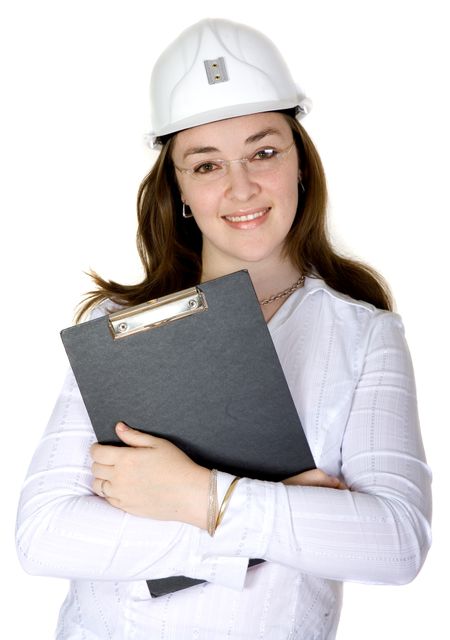 female architect holding a folder over a white background