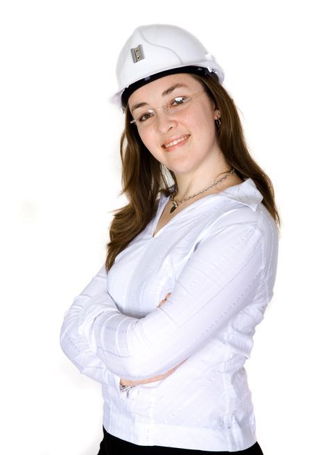 friendly female architect over a white background with her arms crossed