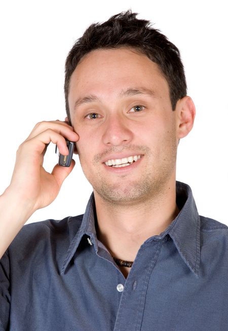 friendly guy on the phone over a white background