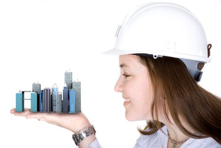 architecture project - woman holding buildings over a white background