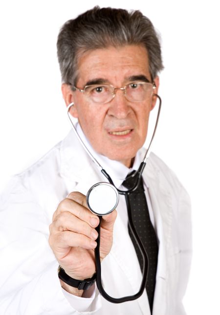 senior male doctor over a white background with a stethoscope (focus on stethoscope )
