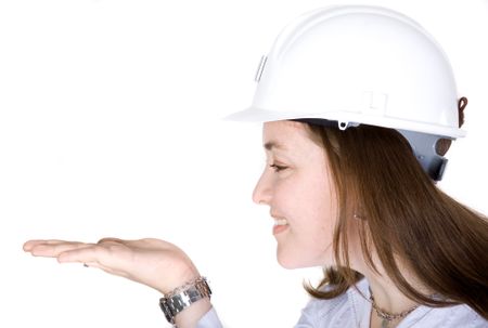 female architect holding something on her hand over a white background