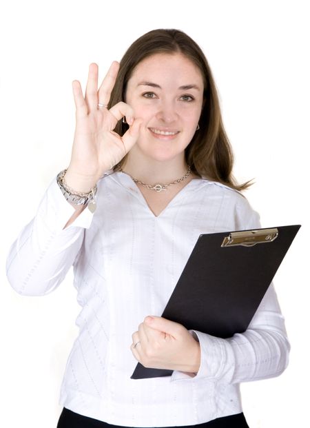 Confident business woman portrait signaling good job with her hand over white
