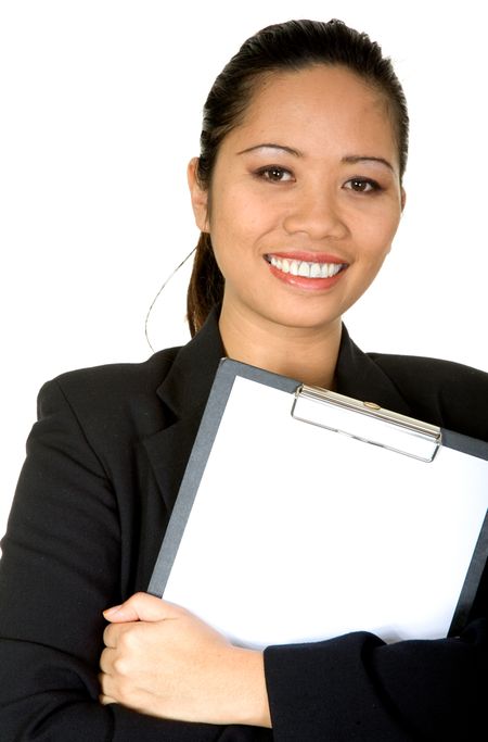 asian business woman with a big smile holding a folder over a white background