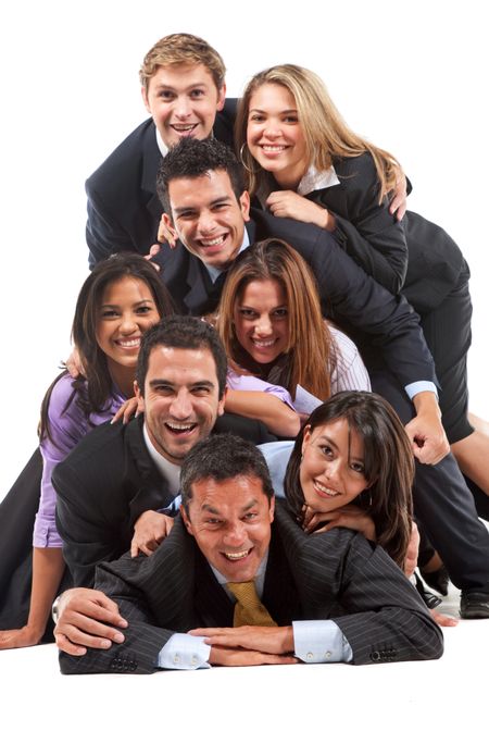 Group of business people on the floor isolated over a white background