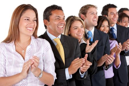 Group of business people applauding and smiling isolated on white
