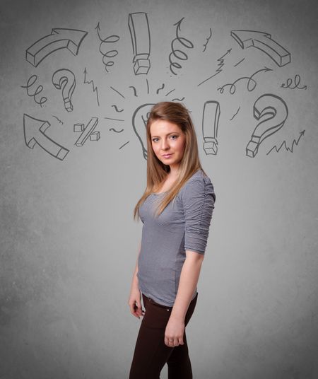 Cute young girl with question sign doodles on gradient background