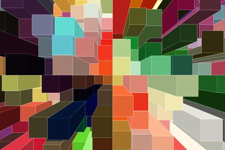 Geometric abstract illustration of rooftops of skyscrapers of various colors and heights seen from the air