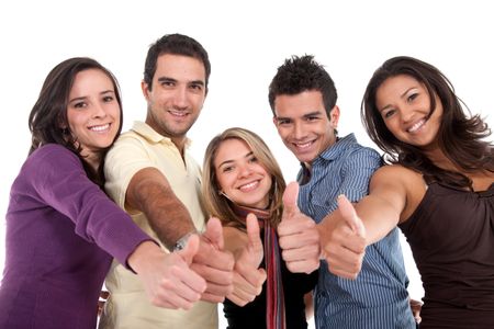 Casual group of friends with thumbs up isolated on white