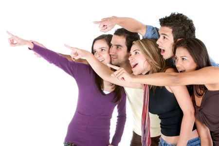 Group of friends pointing out - isolated over a white background