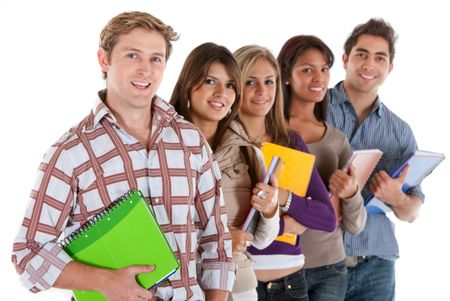 group of students smiling isolated over a white background