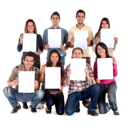Group of  casual people isolated holding white cardboards to fill in