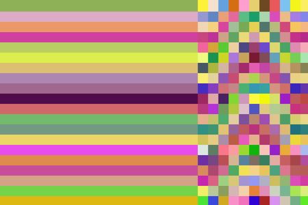 Two multicolored patterns in one abstract: Parallel bars at left flush with narrower mosaic at right for concepts of duality and coexistence