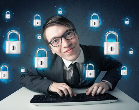 Young hacker with virtual lock symbols and icons on blue background