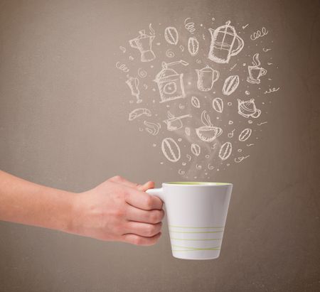 Coffee mug with hand drawn kitchen accessories, close up