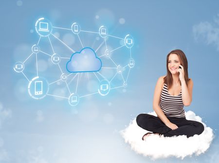 Happy young woman sitting on cloud with cloud computing