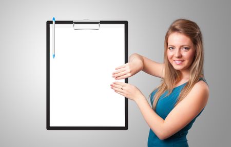 Beautiful young girl holding black folder with white sheet copy space