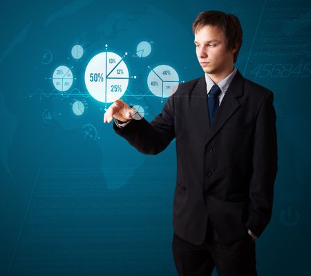 Businessman pressing business type of modern buttons with virtual background