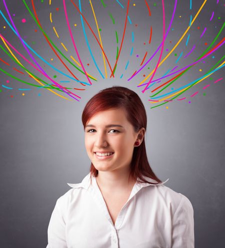 Pretty young girl thinking with colorful abstract lines overhead