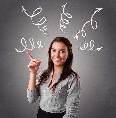 Beautiful young woman thinking with arrows overhead