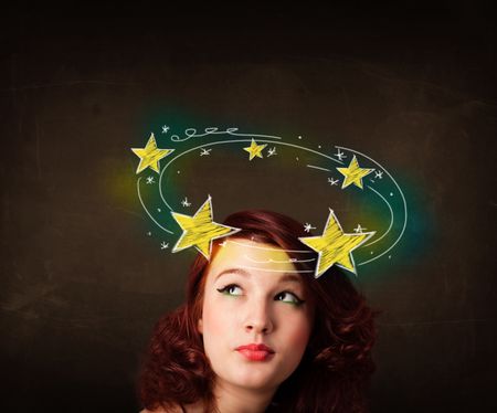 Young girl with yellow stars circleing around her head illustration