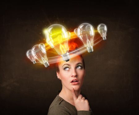 Preety woman with light bulbs circleing around her head 