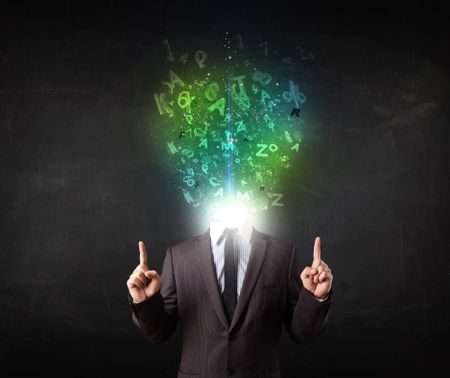Business man with abstract glowing letters on head concept