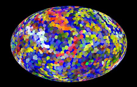 Abstract of multicolored speckled Easter egg with blue interior background, isolated on black