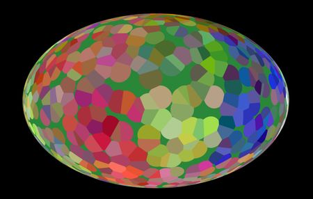 Varicolored abstract of speckled Easter egg with a green interior background, isolated on black