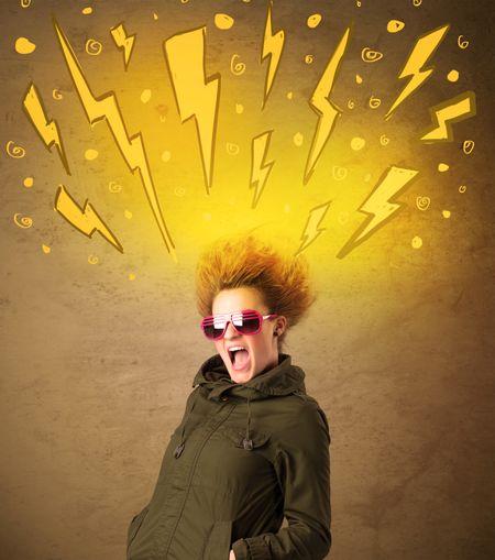 Young woman with hair style and hand drawn lightnings concept on background