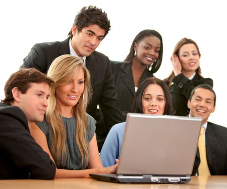 business team in a meeting on a laptop computer isolated