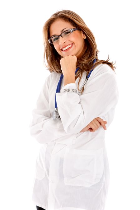 friendly woman doctor smiling isolated over a white background