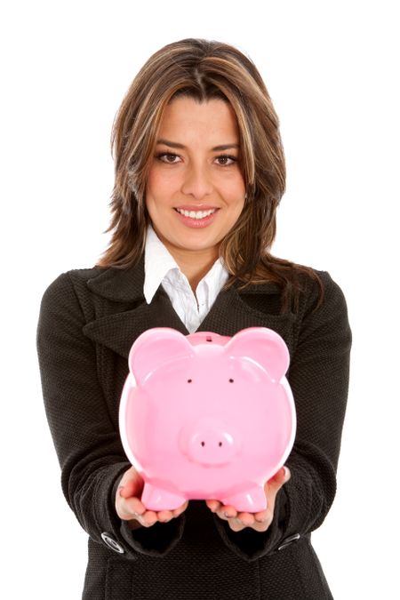 business woman holding a pipggybank - isolated over a white background