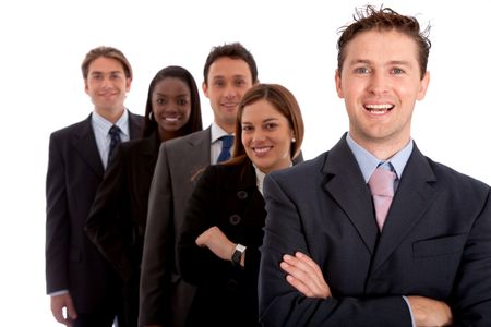 Business team smiling isolated over a white background